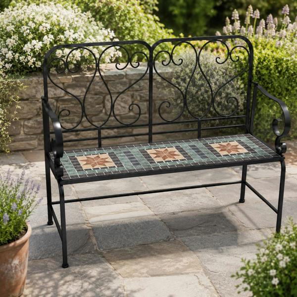 Marrakech Mosaic 2 Seater Garden Bench, 112cm Outdoor Patio Seat with Ceramic Tile Seat, Scrollwork Backrest & Metal Frame image 3