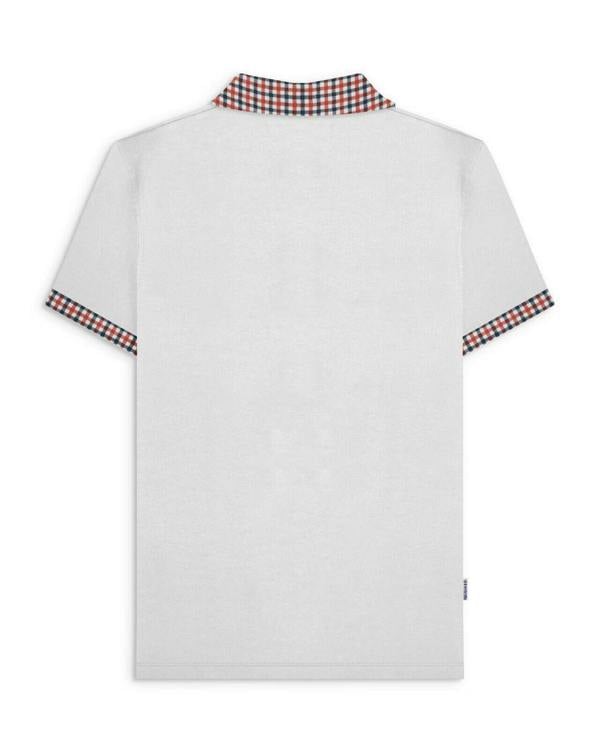 Lambretta Mens Classic Dress Gingham Mod Retro Ska Casual Polo, back view of a white polo shirt with gingham check trim on the collar and sleeves.