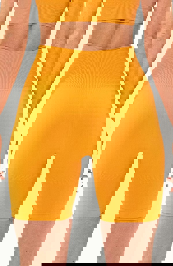 V3 Apparel Women's seamless Limitless high waisted cycle shorts in orange – Squat proof 5 inch inseam leg bum enhancing shorts for Gym workouts training, Running, yoga, bodybuilding and bikini fitness.