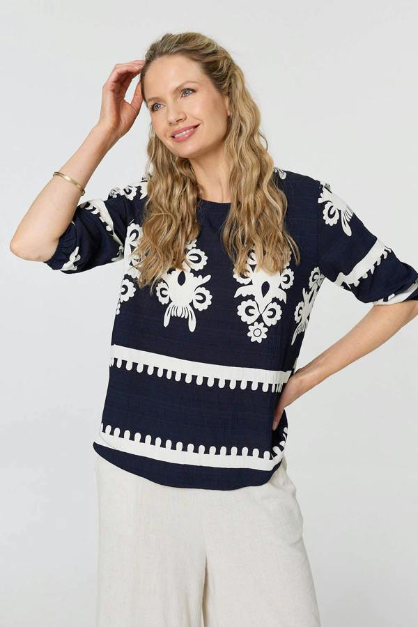 Navy | Ikat Print 3/4 Sleeve Blouse