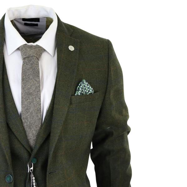 TruClothing Mens 3 Piece Wool Suit Olive Green Tweed Check Peaky Blinders 1920 Gatsby Formal
