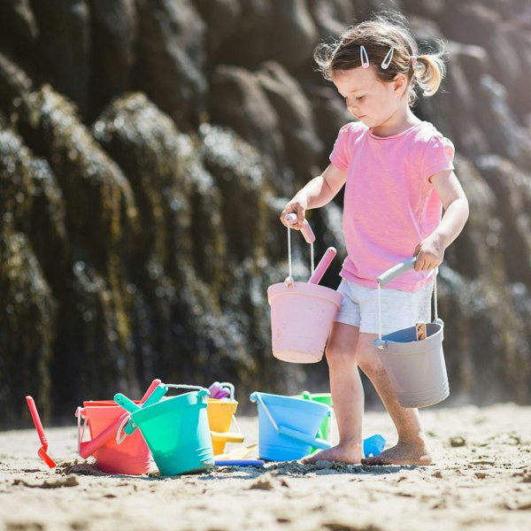 Bigjigs Toys 3 Silicone Beach Toys, Bucket, Flyer and Spade - Light Pink