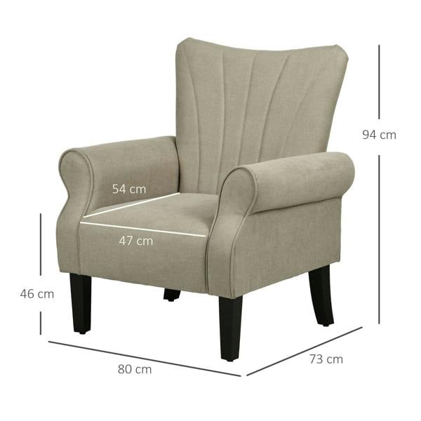 Beige accent chair with rolled arms and dark wood legs (dimensions shown)
