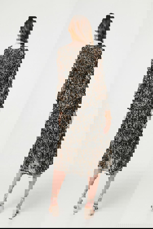 Black | Printed Long Sleeve Semi Sheer Smock Midi Dress
