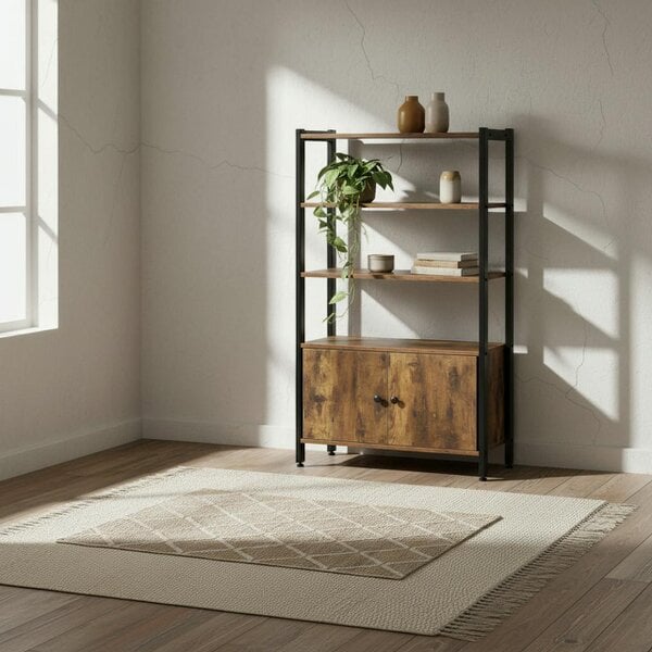 Wyld Haus Reneco Metal And Wood Rustic Brown 3 Tier Industrial Bookshelf With Doors