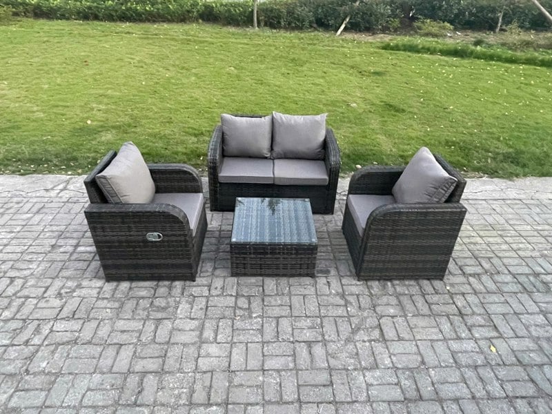 Fimous Wicker PE Rattan Garden Furniture Set Outdoor Lounge Sofa Set with Love Sofa Square Coffee Table Dark Grey Mixed