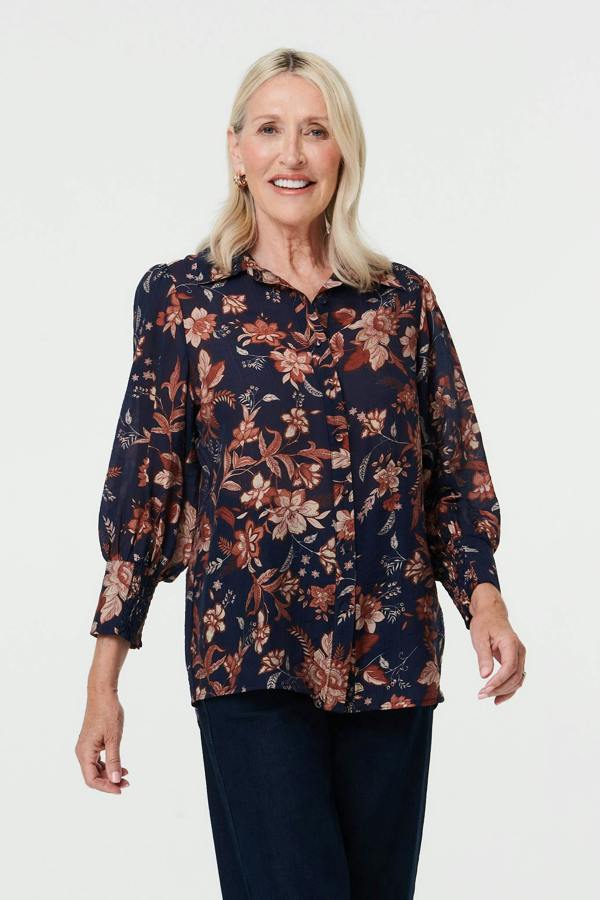 Navy | Floral Relaxed Fit Long Sleeve Shirt