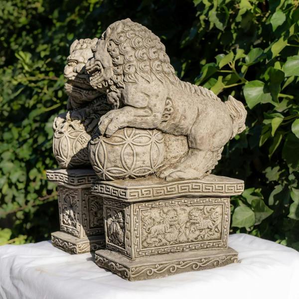 Pair of Medium  Stone Cast Chinese Foo Dogs Garden statues on Plinths