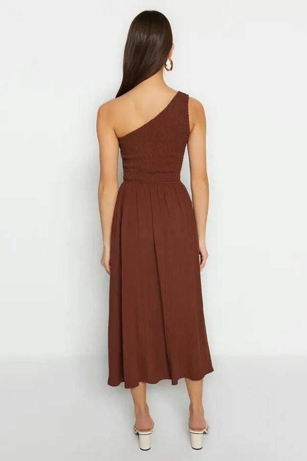 WOVCOR Waist-Leg Embellished One-Shoulder Midi Woven Dress