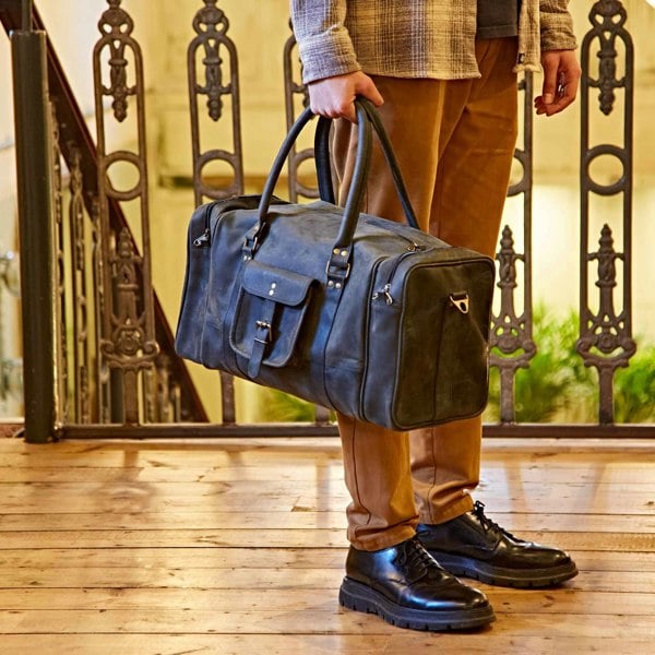 Paper High Black Buffalo Leather Holdall with Zipped Pockets