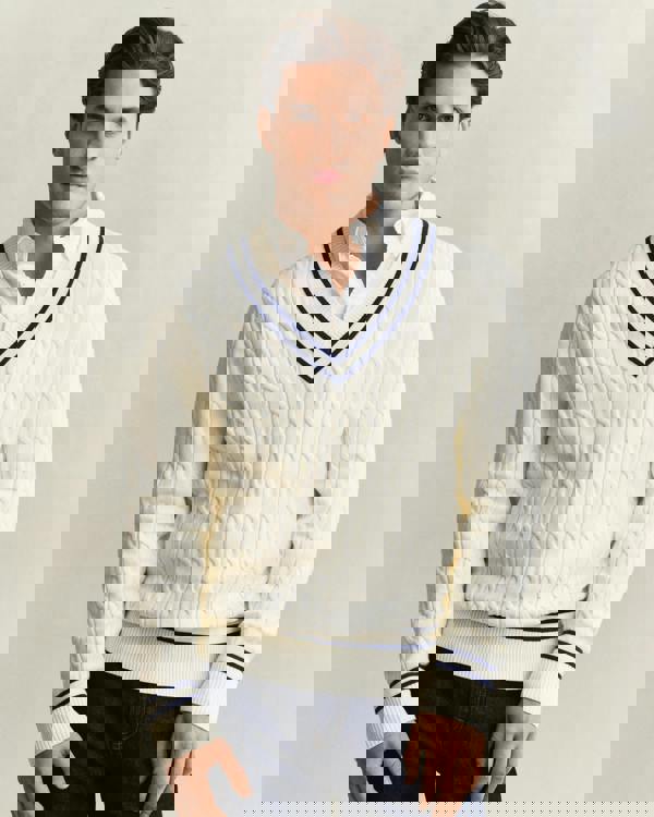 GANT Mens Cotton Cable V-Neck Jumper - 130 Cream