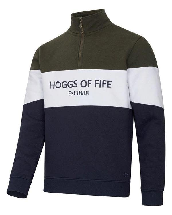 Hoggs of Fife Dumfries 1888 Men's Pull Over Quarter Zip Sweat Shirt, stylish men's sportswear with color block design in green, white, and navy blue featuring logo and embroidery.