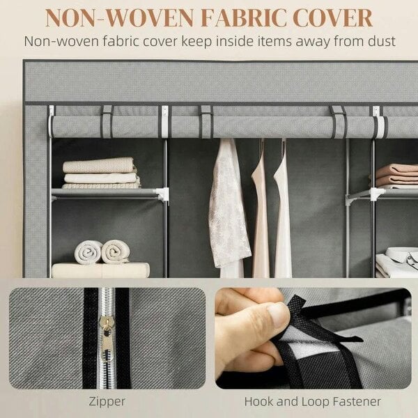 Clothes Storage Organiser with Hanging Rail, Shelves, Portable Wardrobe, Foldable Fabric Wardrobe, Light Grey