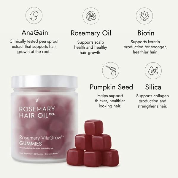 Rosemary hair oil company, vitagrow gummies, strawberry flavour, UK, hair growth, vegan, biotin, pumpkin seed extract, black seed extract, halal, AnaGain, pea sprout extract, thick hair, volume, vitamins, sugar free, ingredients