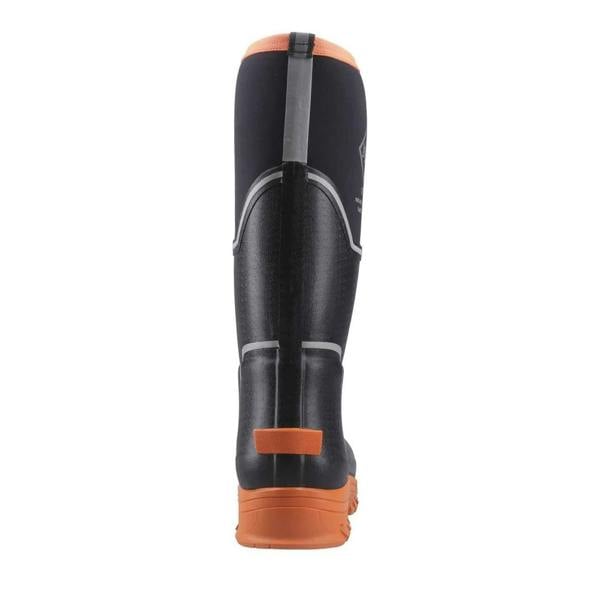 Muck Boots MUCK Boots GRIT S5 Womens Tall Safety Composite Toe/Midsole Wellie, a tall black waterproof safety boot with orange accents and a rugged sole.