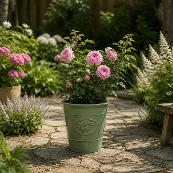 3L Mum In A Million Pink Rose Bush - Beautiful Flowering Plant Gift - Premium Plastic Olive Green