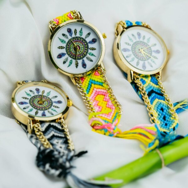 The Colourful Aura Boho Mandala Dial Jute Braided Bracelet Wrist Watch for Women - Yellow