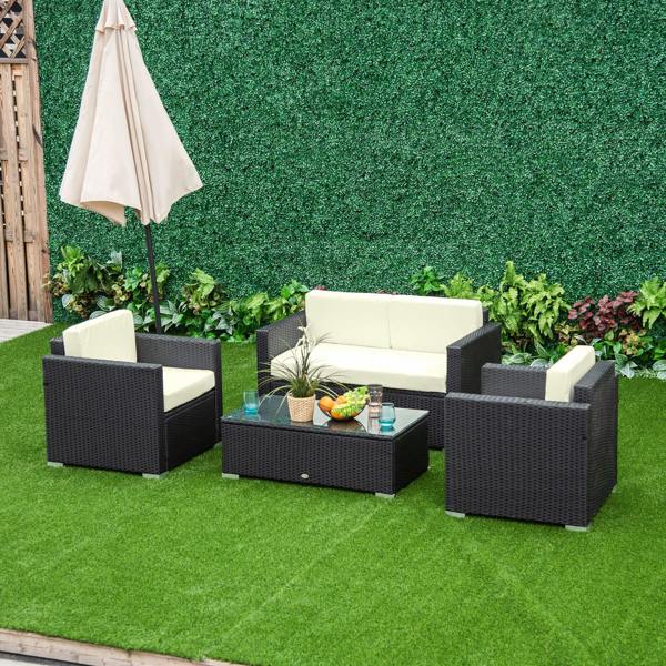 Wyld Haus Elrolo Rattan Black 4 Seater Outdoor Sofa Set With White Cushions and Rectangular Coffee Table Glass Top
