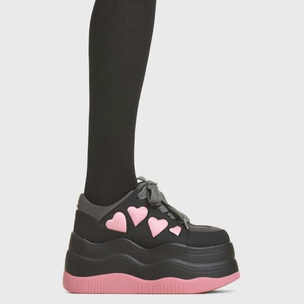 Lamoda Heart On My Sleeve Platform Heels Black Suede Pink Heart Design