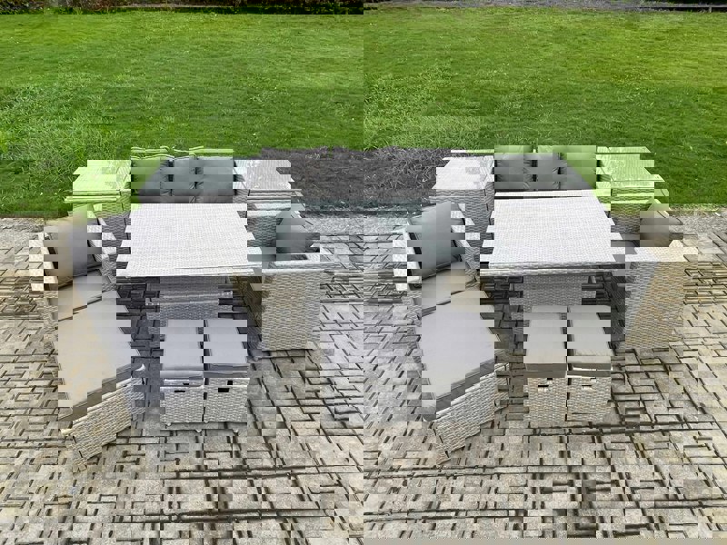 Fimous Rattan Outdoor Garden Funiture Set Height Adjustable Rising Lifting Table Sofa Dining Set with 2 Armchairs 2 Side Tables Footstools