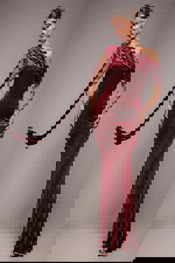 Glitter Velvet Sash One Shoulder Bardot Maxi Dress - Wine DR5017