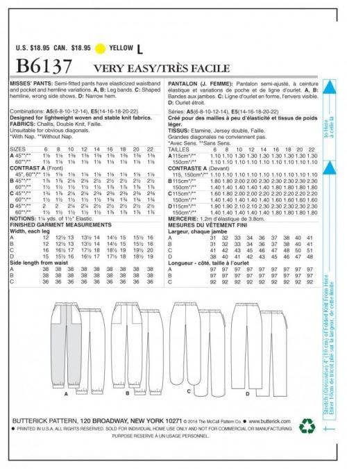 Butterick Sewing Pattern 6137, Trousers for Women, 6-8-10-12-14 - Easy