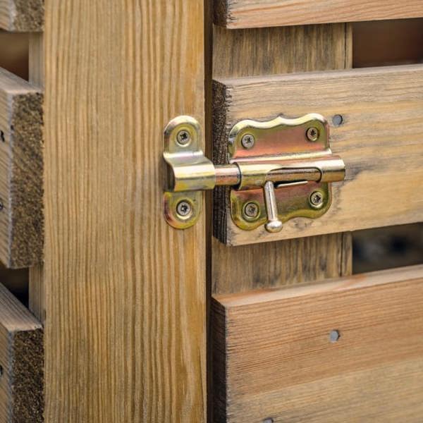 A close-up of the secure metal sliding bolt latch on the slatted timber door of the Natural Spruce Wheelie Bin Store by Abode Home & Gifts.