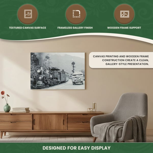 Series 1 Land Rover & Train in Nepal Canvas Print, Circa 1955 Black and White Scene, 60 x 40 cm, Indoor Use