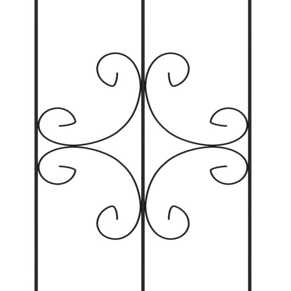 Close-up of black metal scrollwork centerpiece on a trellis panel