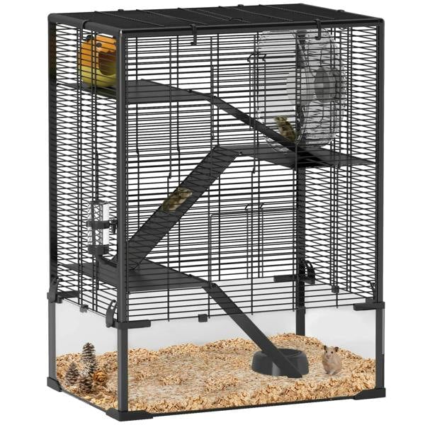 Black four-tier hamster cage with deep tempered glass bottom and interior ramps