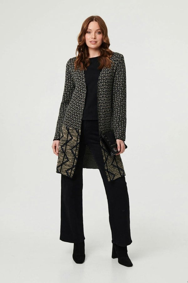 Navy | Geo Print Longline Open Front Jacket
