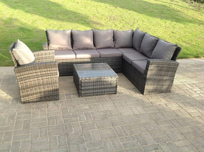 Fimous 7 seater high back dark grey mixed rattan corner sofa set chair square coffee table outdoor furniture right option