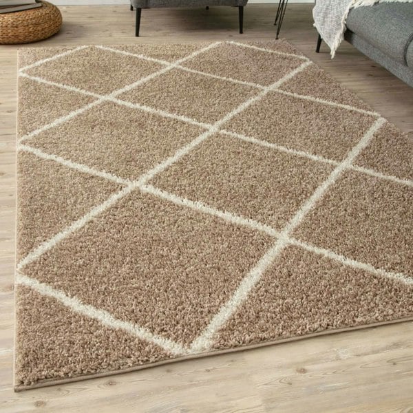 Diamond Design Thick Shaggy Area Rugs Beige