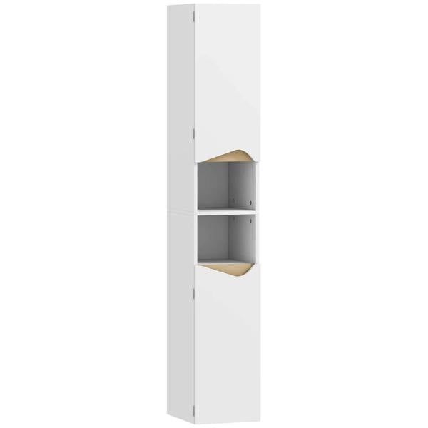Tall slim bathroom cabinet, white, two doors, two interior shelves
