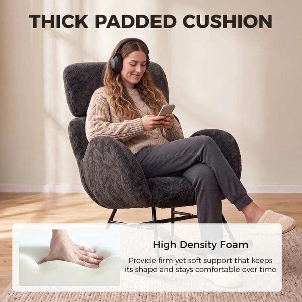 Upholstered Rocking Chair Adjustable Headrest Rocker Chair Raindrop Velvet Rubberwood Base Dark Grey