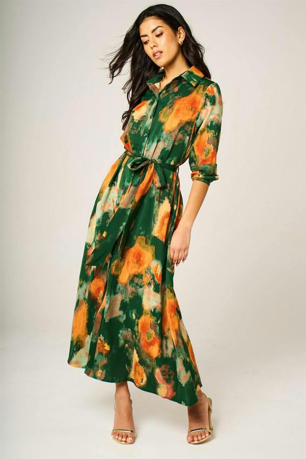FS Collection Abstract Floral Long Sleeve Belted Shirt Dress In Green