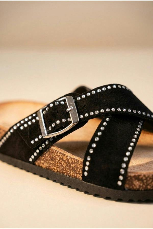Ruby Womens Studded Criss Cross Slide Sandals - Black