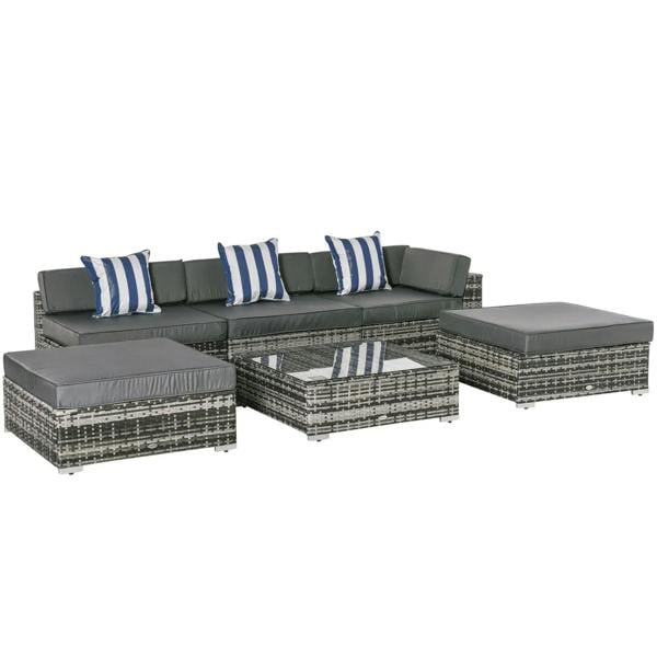 Grey rattan sectional sofa set with striped cushions and matching ottoman coffee table