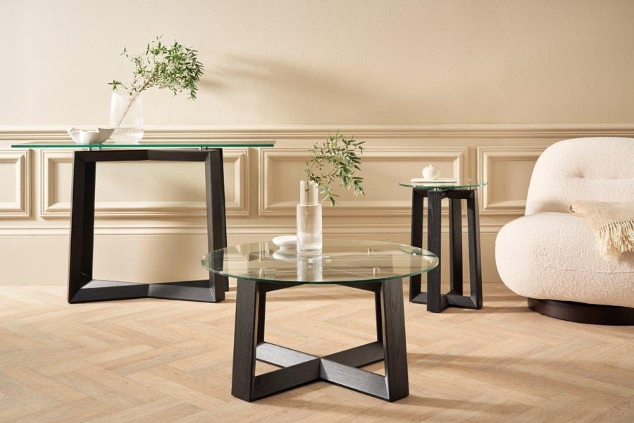 Cadiz Small Round Coffee Table with Clear Glass Top & Natural Black Oak Base by Gillmore British Design © GillmoreSPACE Limited