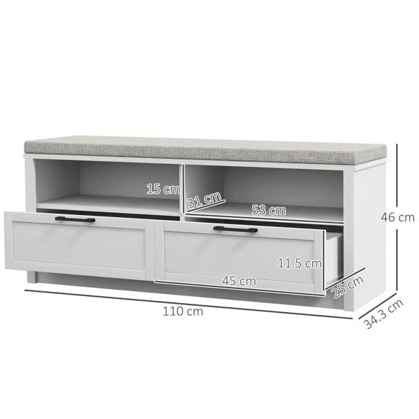 White shoe bench with removable grey cushion, open shelves and two drawers; size diagram