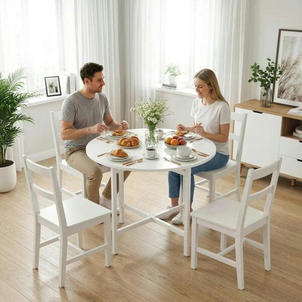 Collapsible Drop Leaf Table, Folding Dining Table for Small Spaces, Extendable Kitchen Table with Steel Frame, White - White