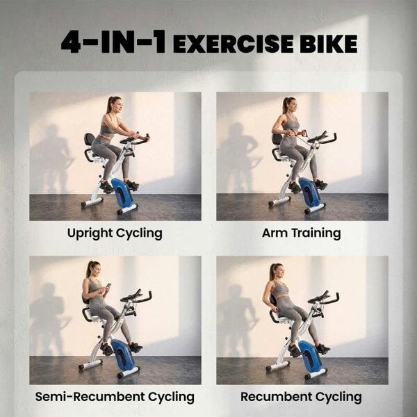 4-In-1 Folding Exercise Bike with Resistance Bands, Bluetooth App, 8-Level Magnetic Resistance, LCD Display, Blue
