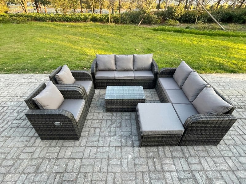 Fimous Rattan Outdoor Garden Furniture Sofa Set Patio Table & Chairs Set with 3 Seater Sofa Reclining Chair Big Footstool Dark Grey Mixed