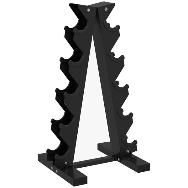 Black five-tier dumbbell storage rack with five angled cradle slots.