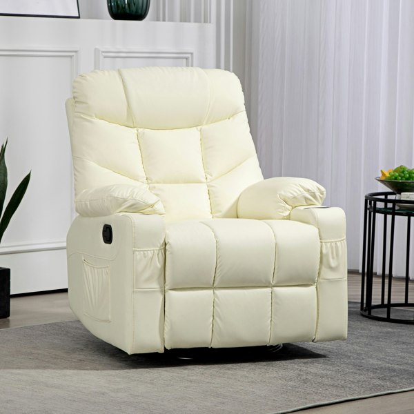 HOMCOM Manual Recliner Chair with Footrest, Cup Holder, Swivel Base - Cream - PU Leather - 86cm x 93cm x102cm