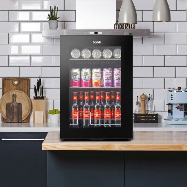 60L Under Counter Wine Beer Drinks Fridge Cooler - BLACK & GLASS 74x 330ml Cans - LoopsDirect