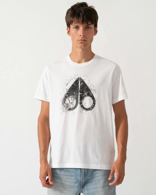 model wearing a Moose Knuckles Mens Icebreak Logo T-Shirt in White 160