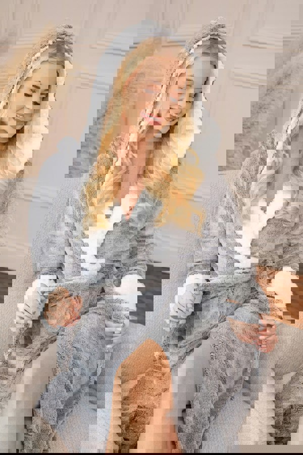 Camille Womens Dark Grey Deep Pile Full Length Fleece Bathrobe with Sherpa Lined Hood & Cuffs