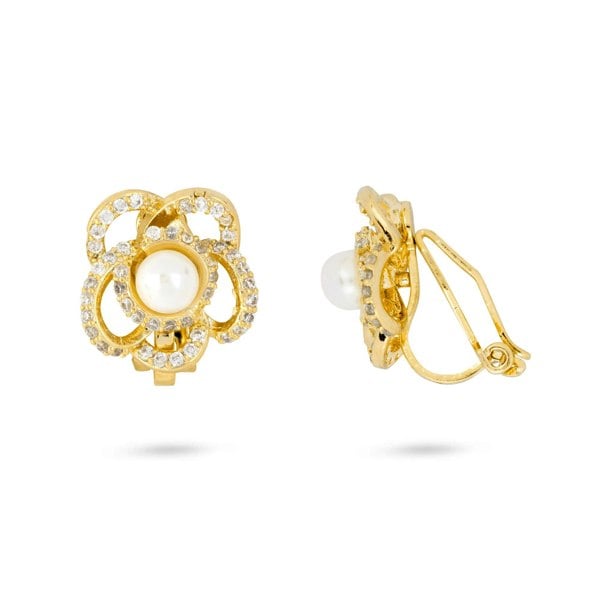 Gold Trip Flower Pearl Clip On Earrings