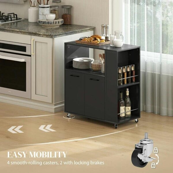 Kitchen Trolley on Wheels, Rolling Kitchen Island Cart with 2-Door Cabinet, Spice Rack and Adjustable Shelf, Black